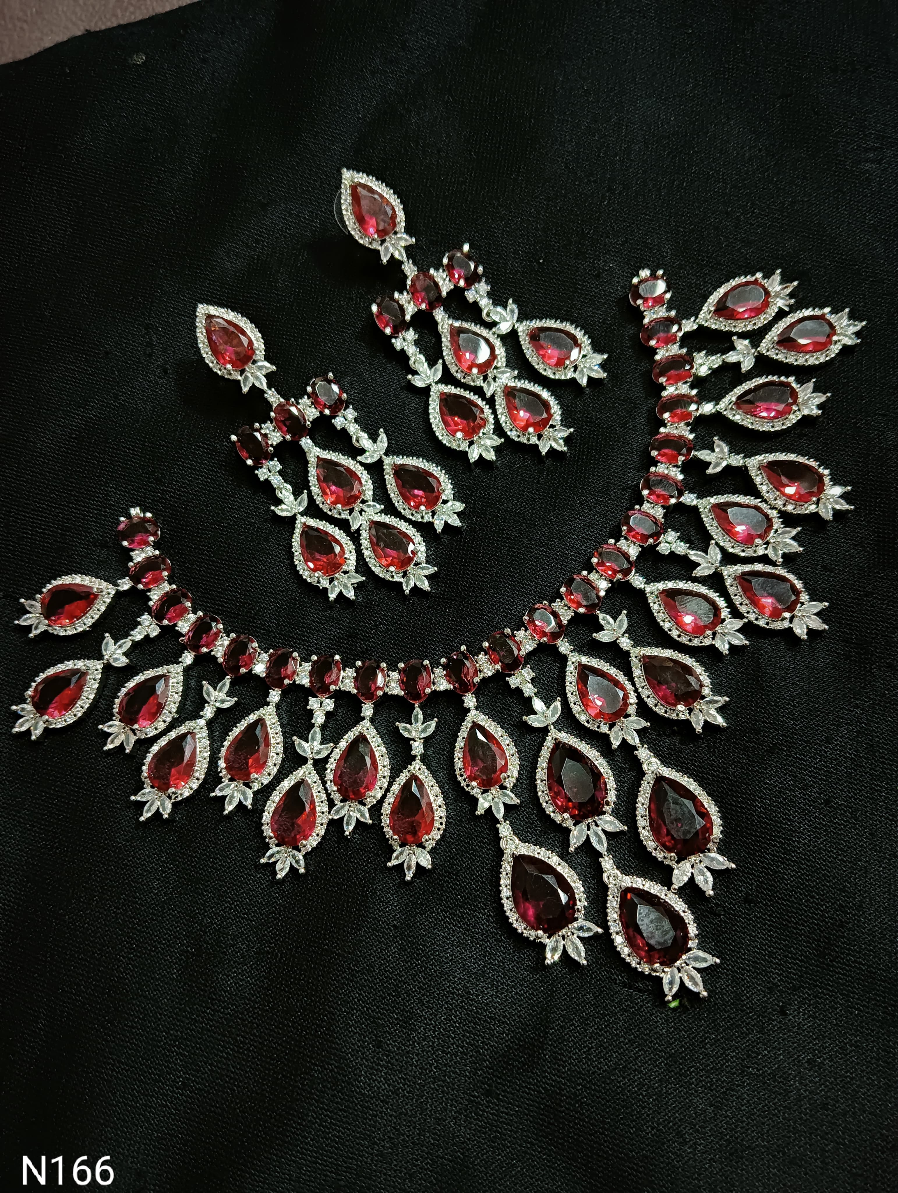 Ruby Pink & American Diamond Cascading Necklace Set